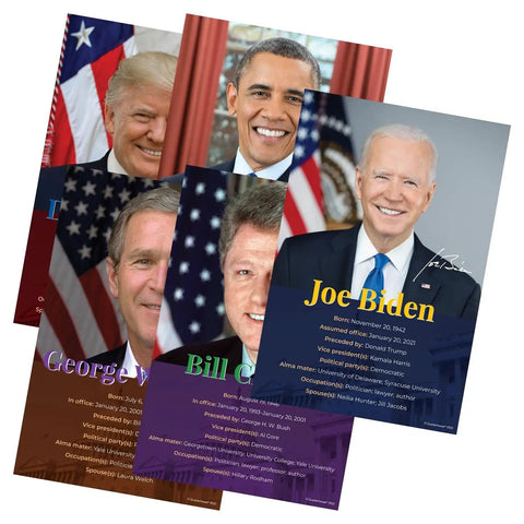 Five Poster Set Of American Presidents For Classrooms Featuring Biden Trump Obama Bush Clinton, Each 12 By 18 Inches, Satin Finish