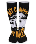 My Camper My Rules RV Camping Novelty Mid Calf Socks showing white camper design on black background