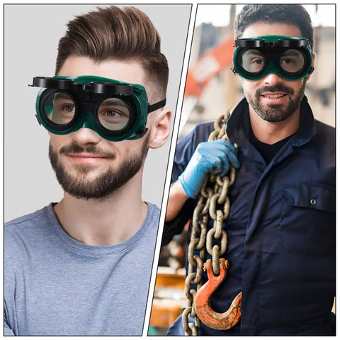 Top Shelf Welding Goggles Four Pack Anti Glare Safety Glasses With Comfy Adjustable Fit Rock Solid Build worn by a man.