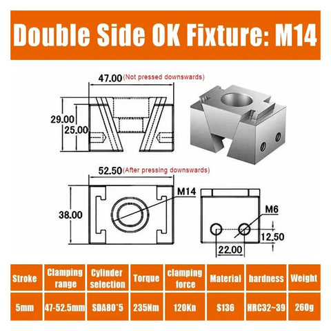 Double Side OK Fixture: M14 dimensions and features diagram made from S136 steel for CNC mills and bench drills.