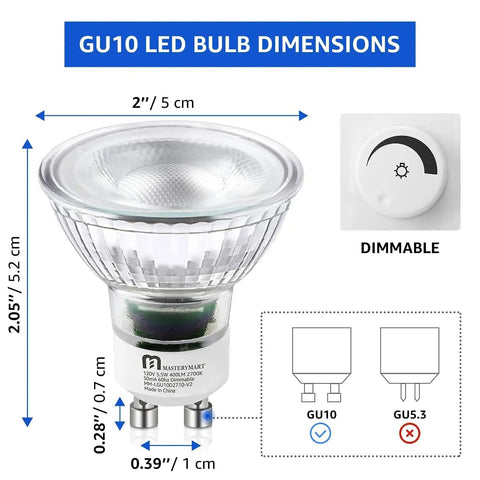 Dimmable GU10 LED Bulbs 5.5W 2700K Soft White, 400lm, 50W Halogen Equivalent dimensions and dimmable feature.