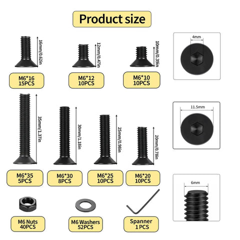 161 PCS M6 Countersunk Bolts Kit Including Flat Head Machine Screws and Nuts Hex Socket Carbon Steel Rust Resistant Heavy Duty Hardware Assortment Pro Grade Badass Quality for DIY Mechanics product size chart.