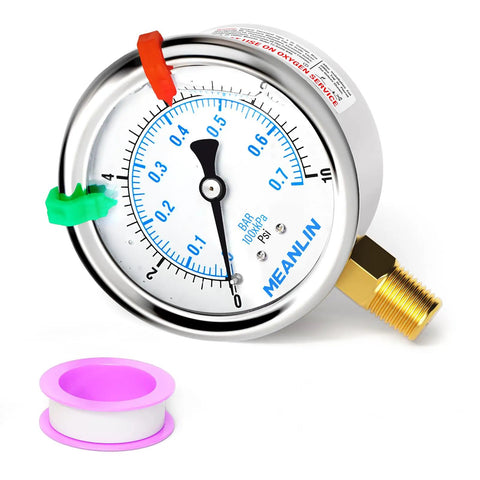 0 To 10 Psi Liquid Filled Pressure Gauge With One Quarter Inch NPT Rugged Built To Last Two And A Half Inch Dial Stainless Steel