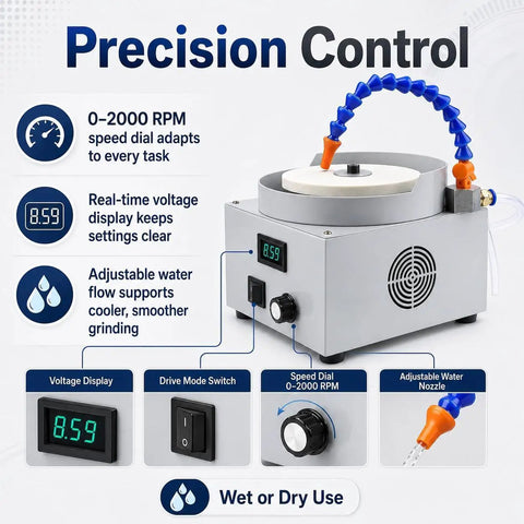 Kickass Heavy Duty Electric Wet And Dry Bench Sander With Three Diamond Discs Providing Rock Solid 0 To 2800 Rpm Adjustable Speed Control, 0-2000 RPM speed dial, adjustable water nozzle.
