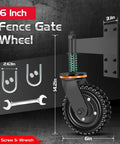 Diagram of 6 Inch Heavy Duty Fence Gate Wheel With 360 Degree Rotation Spring Loaded Caster for metal gates, includes screws and wrench.