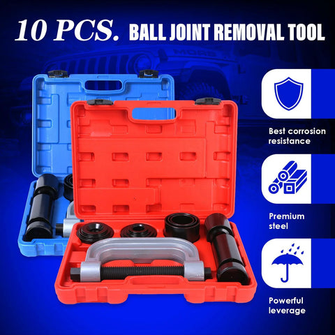 Ball Joint Removal Tool Kit 10 Piece For Most 2WD And 4WD Cars And Light Trucks in open blue and red cases