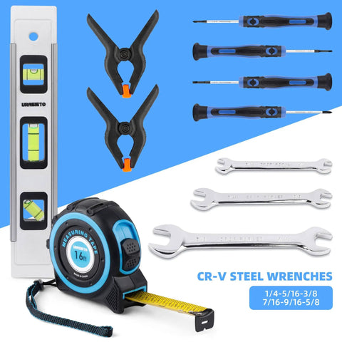 Tape measure, level, screwdrivers, clamps, and steel wrenches from 174 Piece Go-To Home Repair Tool Kit With 14 Inch Large Mouth Storage Tool Bag