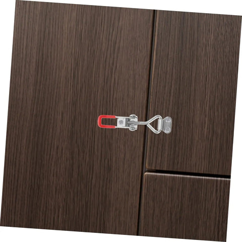 Adjustable Heavy Duty Toggle Clamp Latch Set 4 Pack on dark wood cabinet door, metal pull latch with red handle