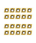 Carbide Turning Inserts Set 20Pcs CCMT32.51 CCMT09T304 Multilayer Coated arranged in rows, suitable for steel and stainless steel machining.