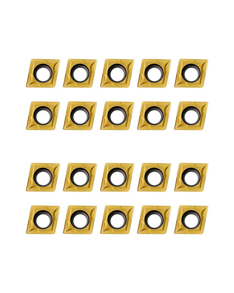 Carbide Turning Inserts Set 20Pcs CCMT32.51 CCMT09T304 Multilayer Coated arranged in rows, suitable for steel and stainless steel machining.