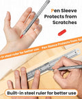 Person holding Next Level High Precision Tungsten Carbide Scriber with knurled aluminum handle and ruler on wood surface