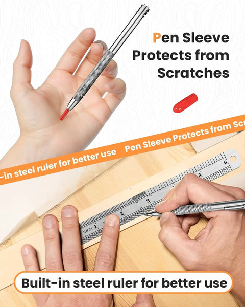 Person holding Next Level High Precision Tungsten Carbide Scriber with knurled aluminum handle and ruler on wood surface