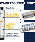 4 Inch Stainless Steel Submersible Well Pump For Septic Systems Bottom Suction With 33 Foot Cable Three Quarter HP 115V 60Hz 32 GPM 174 Foot Head Rugged Heavy Duty For Home And Industrial Use as seen with copper motor and impeller
