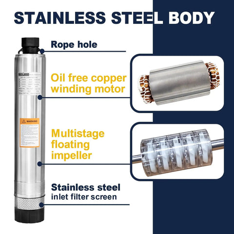 4 Inch Stainless Steel Submersible Well Pump For Septic Systems Bottom Suction With 33 Foot Cable Three Quarter HP 115V 60Hz 32 GPM 174 Foot Head Rugged Heavy Duty For Home And Industrial Use as seen with copper motor and impeller