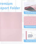 Five Pack Clear Front Report Covers With 3 Prong Fasteners For 8.5 By 11 Letter Paper showing pink cover and waterproof surface