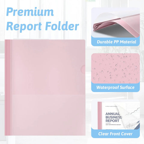 Five Pack Clear Front Report Covers With 3 Prong Fasteners For 8.5 By 11 Letter Paper showing pink cover and waterproof surface