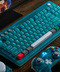 Retro 87 Key Wireless Mechanical Keyboard Hot Swap with clear blue finish and colorful keycaps on wooden desk.