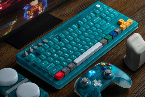 Retro 87 Key Wireless Mechanical Keyboard Hot Swap with clear blue finish and colorful keycaps on wooden desk.