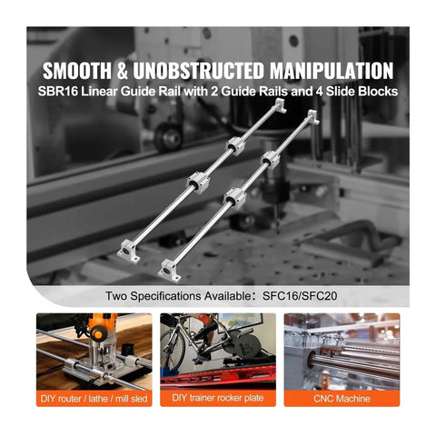 Heavy Duty Linear Guide Rail Set With 2 Rails And 4 Slide Blocks For CNC Routers Lathes And Mills Carbon Steel Shafts Aluminum Supports Chrome Plated Finish SFC20-1200L Compatible Smooth Precise Motion displayed against a manufacturing equipment background.