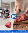 Metal Food Grinder Attachments for Stand Mixers showing automatic grinding vs manual meat cutting on a board