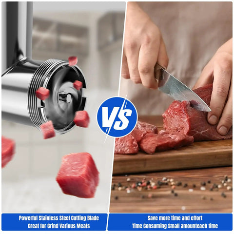 Metal Food Grinder Attachments for Stand Mixers showing automatic grinding vs manual meat cutting on a board