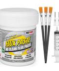 Jar of No Clean Solder Paste Flux For Electronics Repair with brushes and syringe