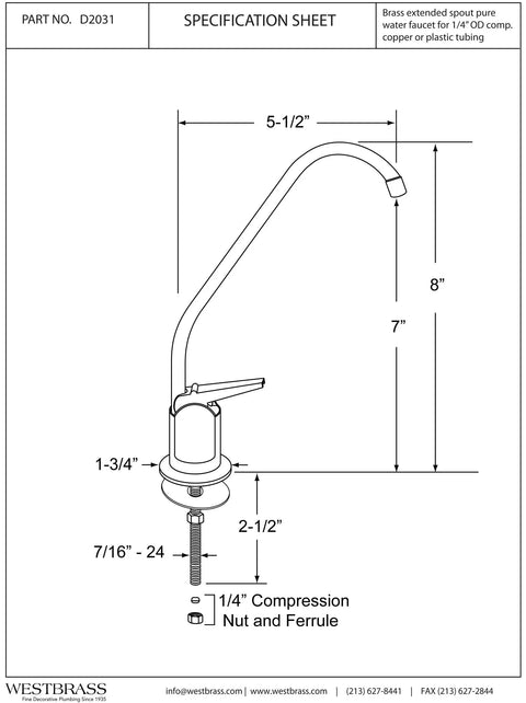 Specification sheet for Touch Flo Pure Cold Water Dispenser Faucet Eight Inch Height With Five And A Half Inch 45 Degree Spout Projection