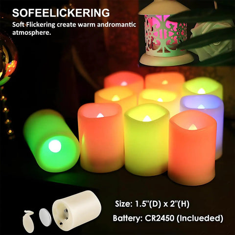 Lit Color Changing Flameless Votive Candles With Timer Set Of 10 glowing in various colors, size 1.5x2 inches, battery included.