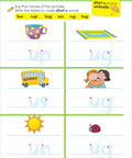 Short vowel sounds page from Get Ready for Kindergarten Workbook With 256 Pages of Early Learning Activities, ABCs, Letters, Numbers, and Early Math to Build Reading, Writing and Problem Solving Skills for Ages 5 to 6 featuring pictures of a mug, rug, bus, hug, sun, and bug for tracing exercises.