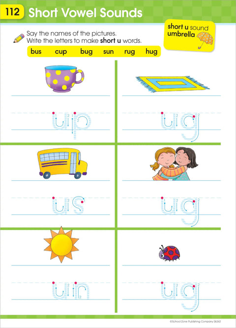 Short vowel sounds page from Get Ready for Kindergarten Workbook With 256 Pages of Early Learning Activities, ABCs, Letters, Numbers, and Early Math to Build Reading, Writing and Problem Solving Skills for Ages 5 to 6 featuring pictures of a mug, rug, bus, hug, sun, and bug for tracing exercises.