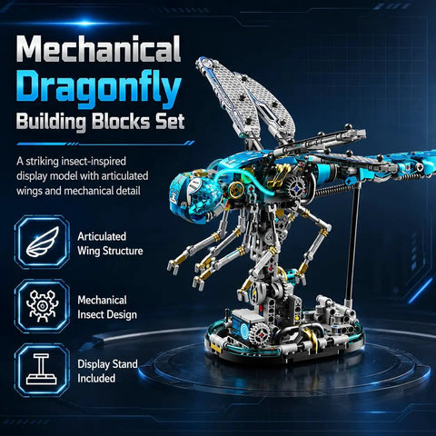 Dragonfly Mechanical Building Blocks Kit With 866 Pieces, Insect Mech Model With Dope Movable Wings, Display Stand, STEM Build Project For Adults, Home Office Decor And Gift Idea on stand