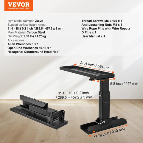 Stair-Friendly Ladder Leveler Extender displaying dimensions and details, 23.4 x 5.8 inch stabilizer, adjustable height 11.4 to 18 inches.