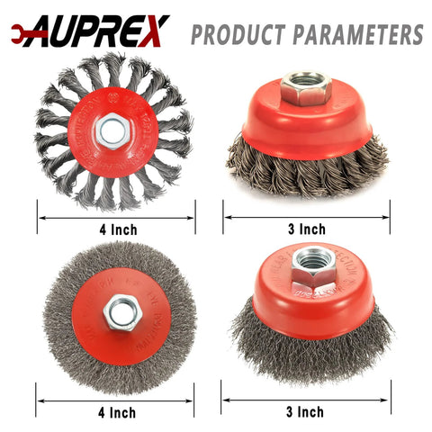 AUPREX 4-pack grinder wire wheel and cup brush set; includes two 4-inch wire wheels and two 3-inch cup brushes.