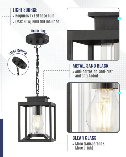 Diagram of modern farmhouse outdoor pendant light with sand black metal and glass cylinder for porch with adjustable chain.