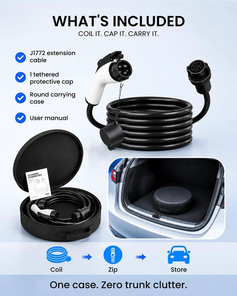 Hella Reliable 21 Foot J1772 EV Extension Cord 50 Amp Level 2 Electric Vehicle Charging Cable with protective cap and carrying case.