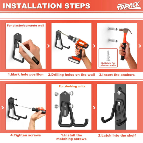 Installation steps for Garage Storage Hooks For Keyhole And Wall Shelves Heavy Duty Utility Hangers For Tools Ladders Cords Shovels