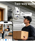 Dual Lens 4K 8MP HD PTZ Weatherproof Outdoor Security Camera WiFi with two-way audio mounted on a wall, monitoring parcel delivery.
