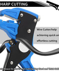 2-In-1 Automatic Wire Stripper And Cutter For Electronics And Automotive Repair With Eagle Nose Pliers In Blue, close-up view.