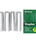 Six Inch Landscape Staples Set Of Fifty Durable 11 Gauge Garden Stakes For Plant Support And Weed Barrier Fabric Hot Dip Galvanized SOD Pins For Heavy Duty Outdoor DIY Yard Work And Decoration displayed with packaging.