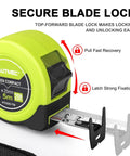 Compact 25Ft tape measure with dual metric and imperial scales, secure blade lock, green case for home DIY and crafting.