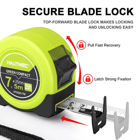 Compact 25Ft tape measure with dual metric and imperial scales, secure blade lock, green case for home DIY and crafting.