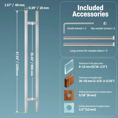 Diagram of H-Shaped 1200mm Push Pull Door Handle with included accessories and measurements for commercial glass doors.