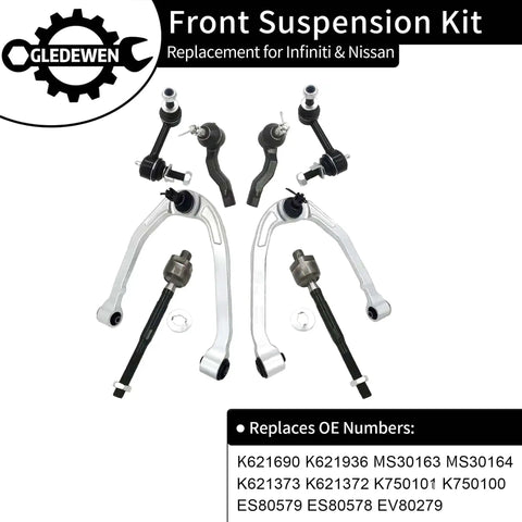 Complete Front Suspension Kit for 2003 to 2009 Infiniti G35 Coupe and Nissan 350Z, 14-piece view with arms and links