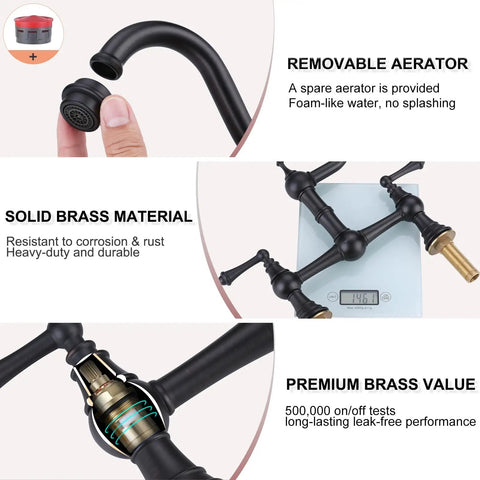 Bridge Kitchen Faucet in Oil Rubbed Bronze, solid brass construction, showing removable aerator and corrosion-resistant features