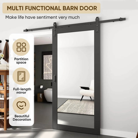 36 Inch Wide By 84 Inch Tall Mirror Barn Door Built Tough With 6.6 Foot Sliding Hardware Kit Included One Lite Full Length Glass Solid Wood Waterproof PVC Surface Scratch Resistant No Assembly Required Black installed in room