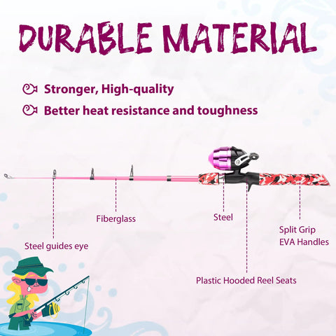 Two Pack Kid Friendly Telescopic Fishing Poles Set With Reel, Totally Portable Starter Rod Kit for Boys and Girls, durable material details.