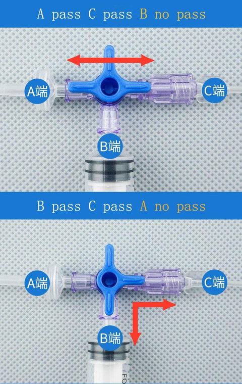 MEETOOT disposable medical three-way stopcock valve with blue cross-shaped handle and clear connectors