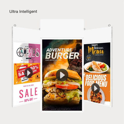 55 Inch FHD Dual Sided LCD Panel With Badass 700 Nit Glow For Window Facing Digital Screens displaying vibrant food promotional graphics.