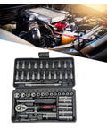 Shop Grade Badass 53 Piece 1/4 Inch Drive Torque Wrench Set With Thick Rubber Grip And Versatile Screwdriver Bits For No Sweat Car Repair Work Top Shelf Combo Tool Kit With Easy Twist Dial For Zero Headache Maintenance in a toolkit next to an engine.