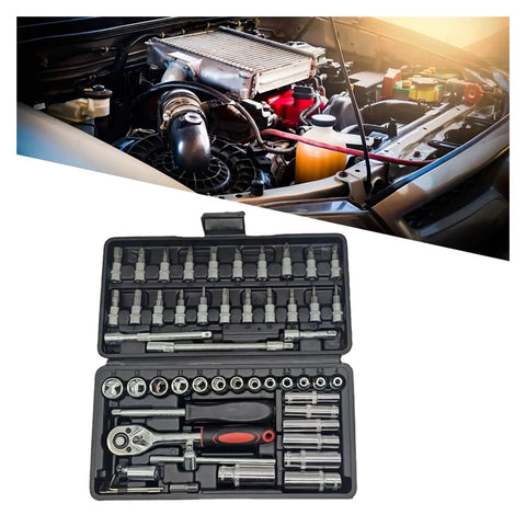 Shop Grade Badass 53 Piece 1/4 Inch Drive Torque Wrench Set With Thick Rubber Grip And Versatile Screwdriver Bits For No Sweat Car Repair Work Top Shelf Combo Tool Kit With Easy Twist Dial For Zero Headache Maintenance in a toolkit next to an engine.